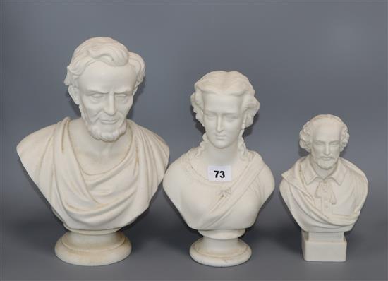 Three 19th century parian busts: Abraham Lincoln, Princess Alexandra, William Shakespeare